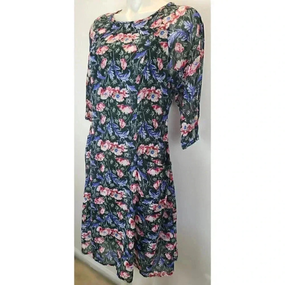 Zapa Basic Green Blue Floral Print Chiffon Dress Cottagecore Medium - Picture 3 of 13